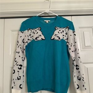 Teal Sweater with Leopard Design